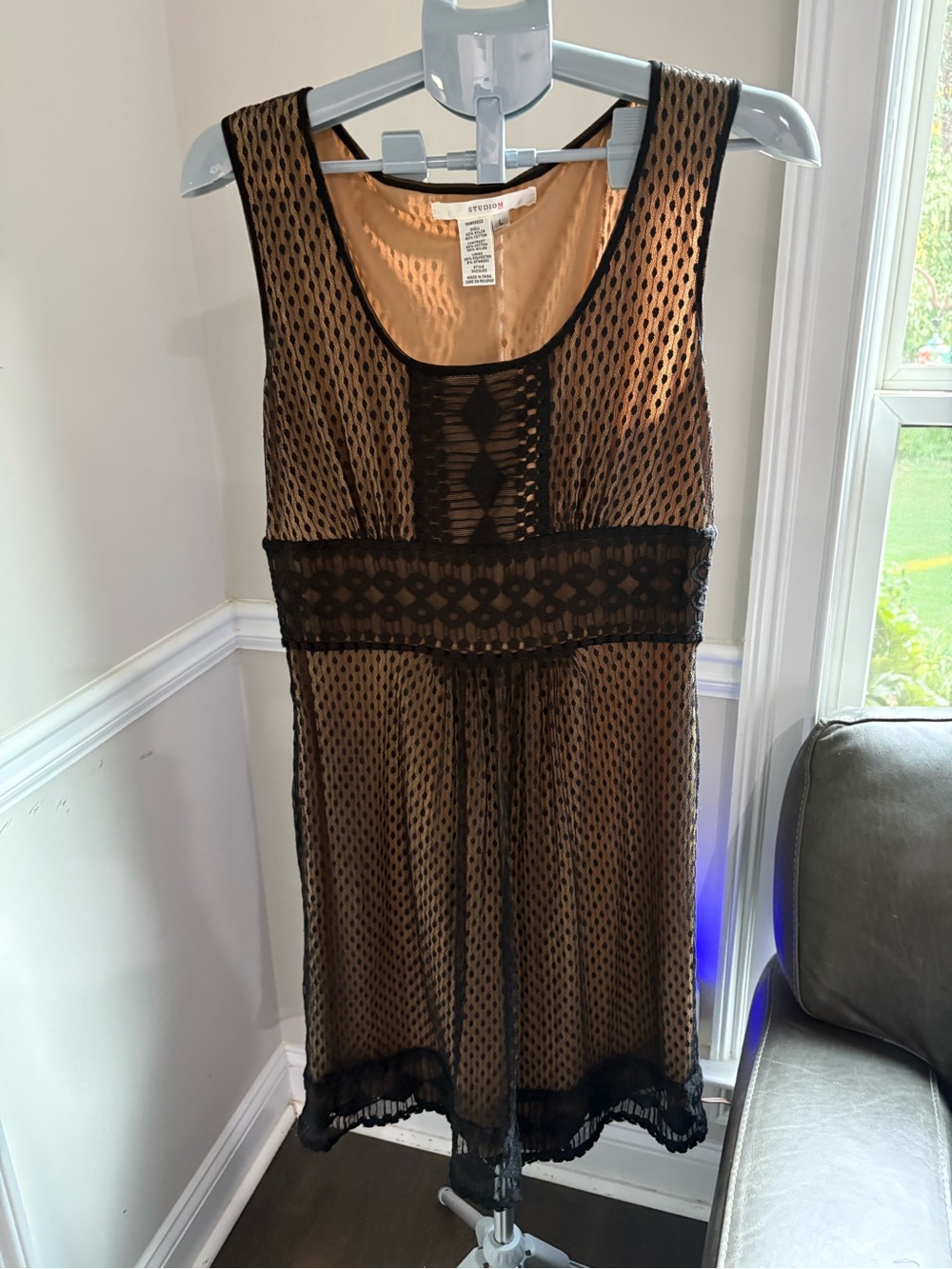 Studio M Tan Lined Swim Cover-Up with Black Crochet Overlay